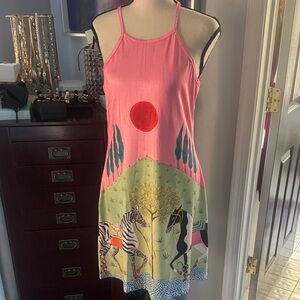 Pink Midi Dress with Scenic Zebra & Horse Print